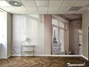 Tapeta znázorňujúca výhľad cez okno na Eiffelovu vežu 